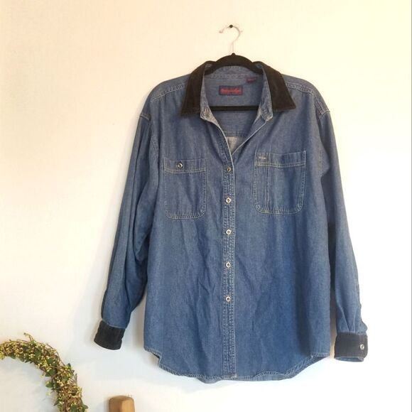 Vintage Giorgio Sant Angelo Button-down Denim Jacket Shirt Velour Velvet Collar - Picture 1 of 7